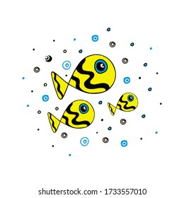 Funny yellow fish. Doodle vector illustration. Vector illustration of marine inhabitants. Funny print for the test. Abstraction.