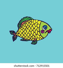 Funny yellow fish, hand drawn doodle color sketch in naïve, pop art style, vector illustration, isolated on blue