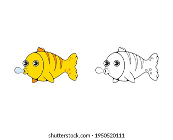 Funny yellow fish lets out bubbles. Isolated vector image in eps format.