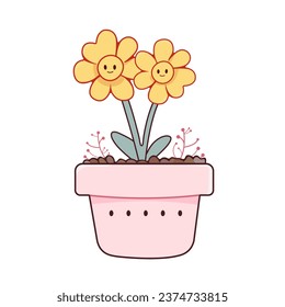 Funny yellow flowers with smile faces and leaves in cute pink flowerpot. Kawaii floweret. Flat hand drawn style. Cartoon floral character. Vector illustration. Greeting card, postcard, scrabbucking.