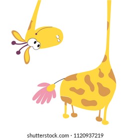 Funny yellow giraffe found a Daisy and is surprised where the tail. The giraffe head is suitable for images on children's clothing, textiles, cards and children's books