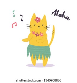 Funny yellow Hawaiian cat dancing to the music. Vector illustration. Character design. Pet collection