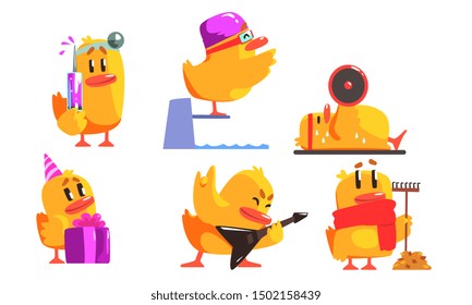 Funny Yellow Humanized Chicken in Various Situations Set, Cute Bird Cartoon Character Activity Vector Illustration