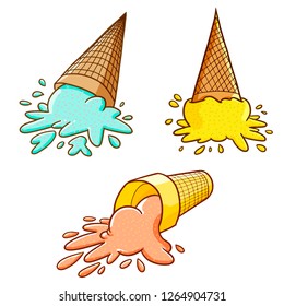 Funny yellow ice cream with cone fall into the ground set - vector.
