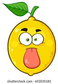 Funny Yellow Lemon Fruit Cartoon Emoji Face Character Stuck Out Tongue. Vector Illustration Isolated On White Background