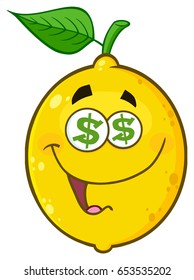 Funny Yellow Lemon Fruit Cartoon Emoji Face Character With Dollar Eyes And Smiling Expression. Vector Illustration Isolated On White Background