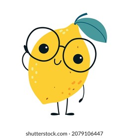 Funny Yellow Lemon Fruit Character with Smiling Face and Arm Wearing Glasses Vector Illustration