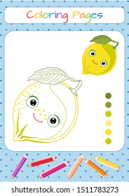 Funny yellow lemon with kawaii face. Coloring, sticker, postcard, scrapbooking, products for children.