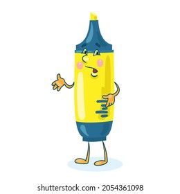 Funny yellow marker. School and office supplies. In cartoon style. Isolated on white background. Vector flat illustration.