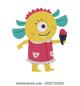 Funny Yellow Monster with One Eye Holding Ice Cream Vector Illustration