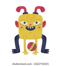 Funny Yellow Monster with Protruding Ears Playing Ball Vector Illustration