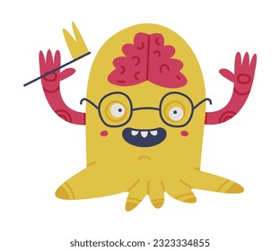 Funny Yellow Monster with Tentacles Wearing Glasses and Holding Flag Vector Illustration