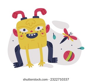 Funny Yellow Monster with Toothy Mouth with Ball and Dragonfly Vector Illustration