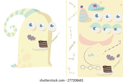 Funny yellow monster with variable body parts, vector illustration, horizontal, isolated on white.