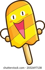 Funny yellow orange stripes ice cream character laughing happily