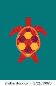 Funny yellow and orange turtle on ocean blue background. Children vector summer postcard. 