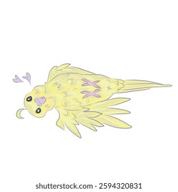 funny yellow parrot is playing. lies on his back. charming bird. vector illustration.