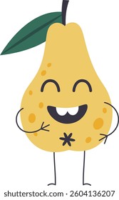 Funny yellow pear fruit character with a leaf showing comic emotions, arms and legs, smiling, isolated vector illustration on white background