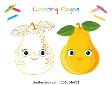 Funny yellow pear with kawaii face. Coloring, sticker, postcard, scrapbooking, products for children.