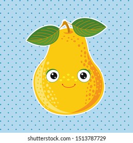 Funny yellow pear with kawaii face. Coloring, sticker, postcard, scrapbooking, products for children.