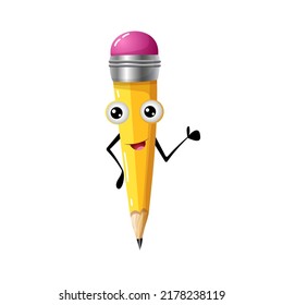 funny yellow pencil character vector cartoon illustration isolated on white. Smiling pencil with eyes and mouth. school supply great for mascot, sticker, back to school design. education clipart.