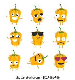 Funny yellow pepper - vector isolated cartoon emoticons. Cute emoji set with a nice character. A collection of an angry, surprised, happy, cheerful, crazy, laughing, sad vegetable on white background