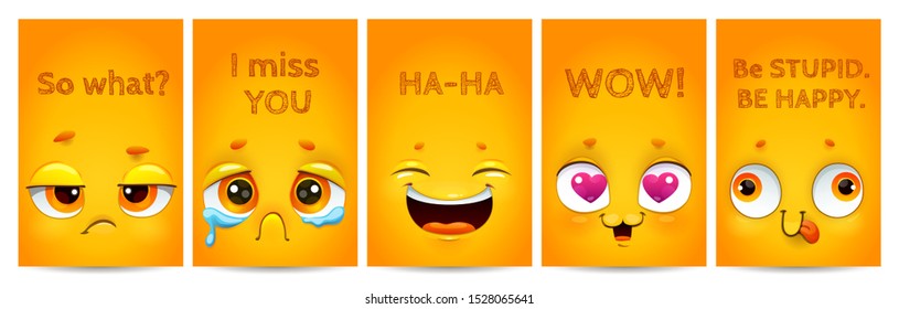 Funny yellow posters with comic cartoon faces and text on them. Vector emoji greeting card templates set.