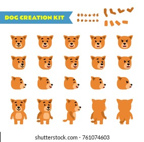 Funny yellow puppy creation set. Various gestures, emotions, diverse poses, views. Create your own pose, animation. Flat style vector illustration