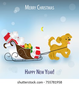 Funny yellow puppy, a symbol of 2018 carries gifts in a sled. Winter night the moon is shining. Snow is all around. Bokeh. For greeting cards