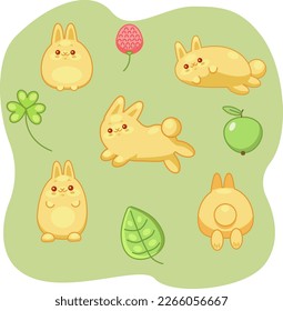 funny yellow rabbits cartoon style on green background