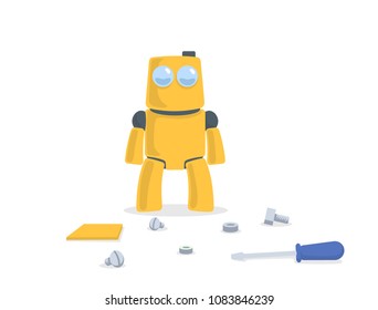 Funny yellow robot standing in front of spare parts and tools. Cartoon character. Flat vector illustration. Isolated on white background.