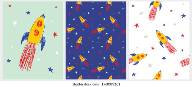 Funny Yellow Rockets Vektorgrafik und nahtlose Muster. Raumfahrzeuge, Mond und Sterne drucken. Cute Infantile Style Space Party Vektordekoration.