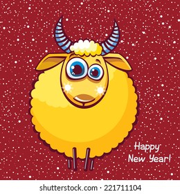 Funny yellow sheep with big blue eyes on a red background. Vector card of new year.