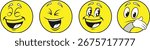 Funny yellow smiley faces with different emotions in cartoon style. Expressive emoji icons showing laughter, joy, and reaction. Vector illustration of comic facial expressions set.