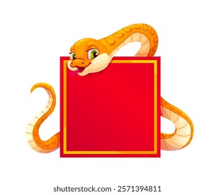 Funny yellow snake character with square banner. Cheerful cartoon reptile, traditional festive Chinese Lunar New Year horoscope animal with blank red and golden scroll for cultural 2025 celebrations