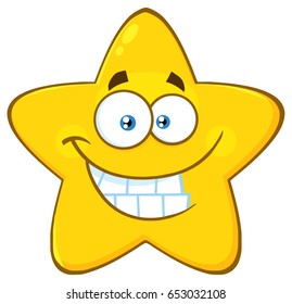 Funny Yellow Star Cartoon Emoji Face Character With Smiling Expression. Vector Illustration Isolated On White Background