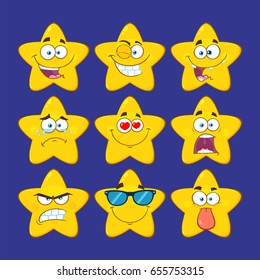 Funny Yellow Star Cartoon Emoji Face Series Character Set 1. Vector Collection Over Dark Blue Background