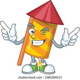 Funny yellow stripes fireworks rocket cartoon character style with Wink eye