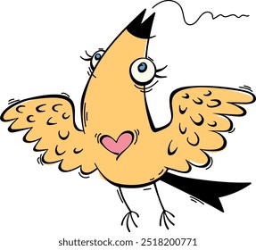 Funny yellow stylized bird with a pink heart