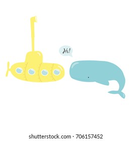 Funny yellow submarine with the periscope and a cute blue whale. Vector illustration in flat design