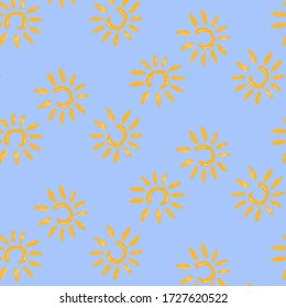 Funny yellow summer sun vector seamless pattern. Background with sun sketch, illustration of natural cartoon hot sun