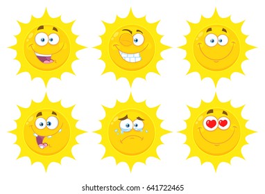 Funny Yellow Sun Cartoon Emoji Face Series Character Set 1. Vector Flat Design Collection Isolated On White