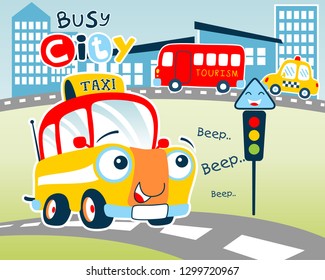 Funny Yellow Taxi Cartoon On Buildings Stock Vector (Royalty Free ...