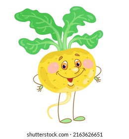Funny  yellow turnip. Hero in cartoon style. Isolated on white background. Vector flat illustration