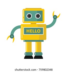 Funny yellow vector robot with inscription HELLO in cartoon style isolated on white background