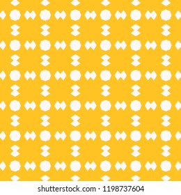 Funny yellow vector seamless pattern. Abstract geometric texture with small figures, octagons, rhombuses in square grid. Simple minimal colorful background. Repeat design for decor, wrapping, cloth