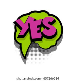 Funny YES, ok comic book letters cartoon text dialog, colored cloud. Sale banner. Abstract creative hand drawn vector exclusive font bubble. Speech balloon halftone dot background pop art style 