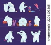 Funny yeti characters and little children contacting with bigfoot cartoon set isolated on violet background vector illustration