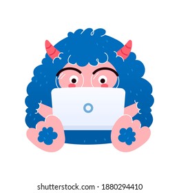 Funny yeti in glasses work with laptop. Vector flat cartoon kawaii character illustration icon. Isolated on white background