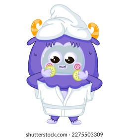 Funny Yeti mascot character applying cosmetic face mask